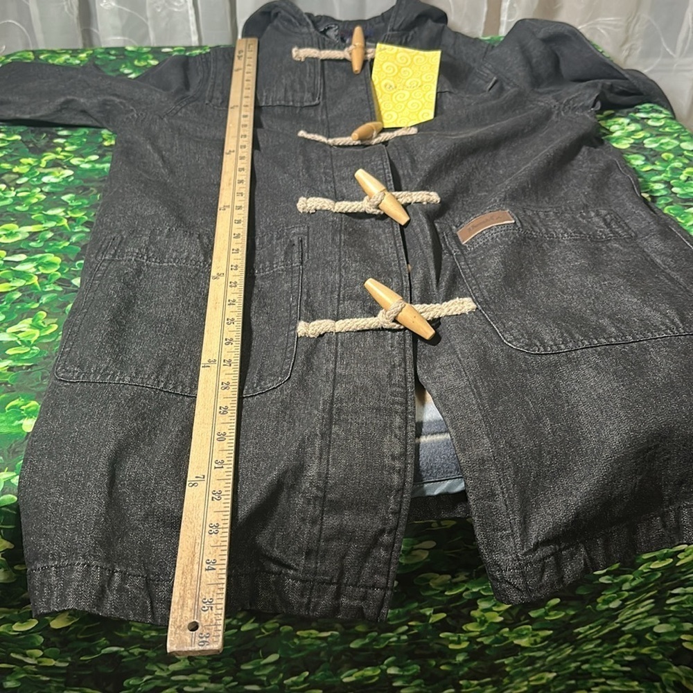 Denim & Co Lined Charcoal Denim Utility Hooded Coat Toggle Button Closure M NEW - Picture 7 of 16